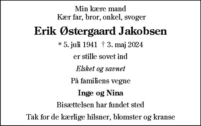 Dødsannonce for Erik Østergaard Jakobsen