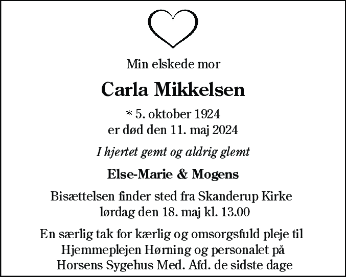 Dødsannonce for Carla Mikkelsen