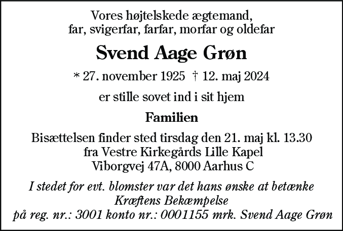 Dødsannonce for Svend Aage Grøn