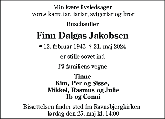 Dødsannonce for Finn Dalgas Jakobsen