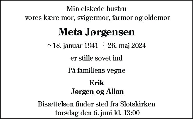 Dødsannonce for Meta Jørgensen