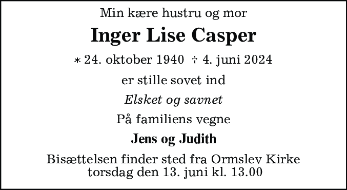 Dødsannonce for Inger Lise Casper