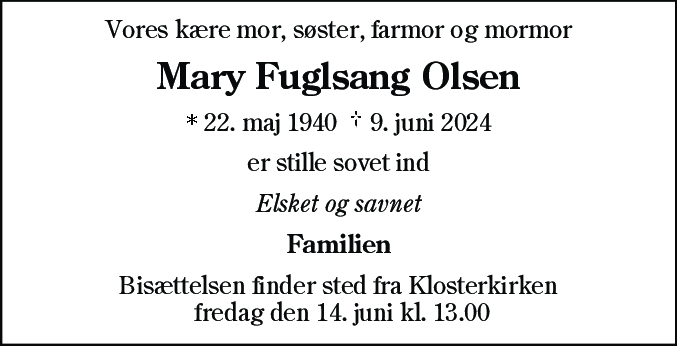 Dødsannonce for Mary Olsen