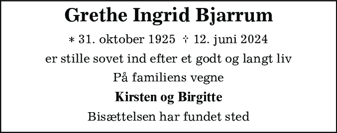 Dødsannonce for Grethe Ingrid Bjarrum