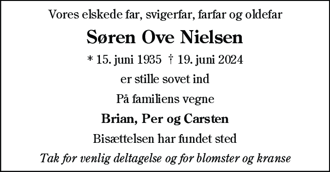 Dødsannonce for Søren Ove Nielsen