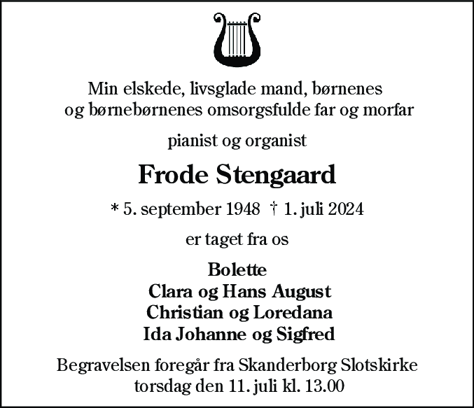 Dødsannonce for Frode Madsen Stengaard
