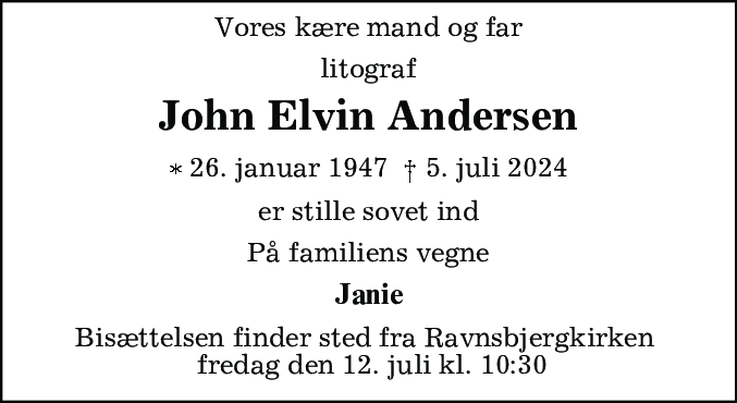 Dødsannonce for John Elvin Andersen