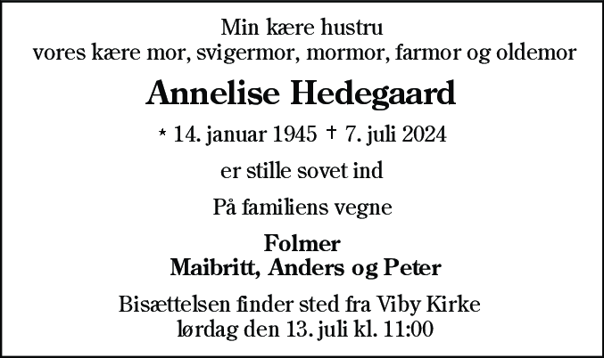 Dødsannonce for Annelise Hedegaard