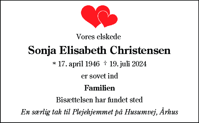 Dødsannonce for Sonja Elisabeth Christensen