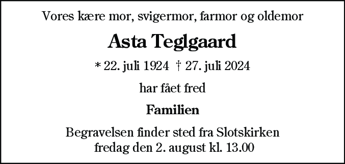 Dødsannonce for Asta Petrea Teglgaard