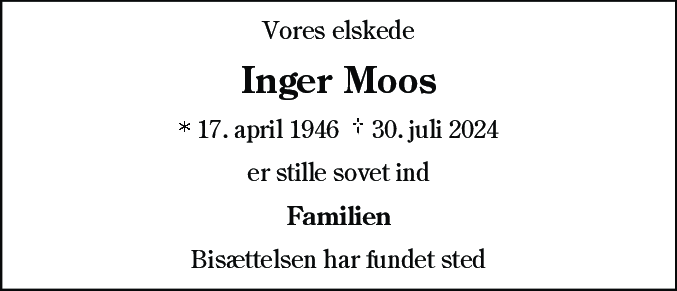 Dødsannonce for Inger Moos