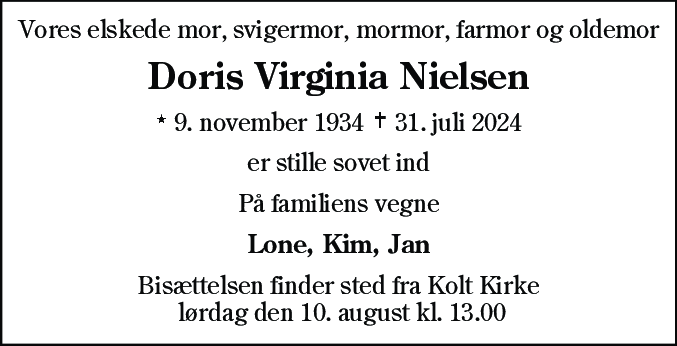 Dødsannonce for Doris Virginia Nielsen