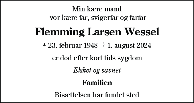 Dødsannonce for Flemming Larsen Wessel