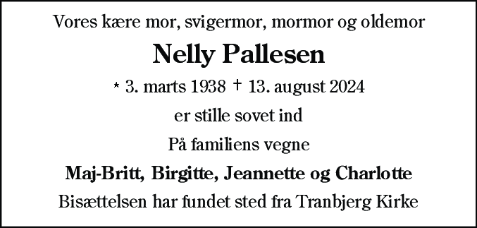 Dødsannonce for Nelly Pallesen