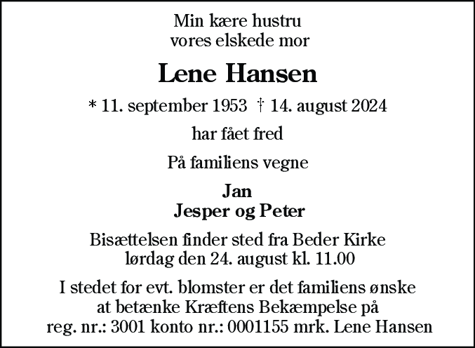 Dødsannonce for Lene Hansen