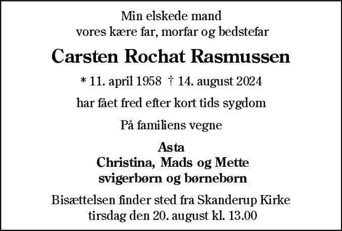 Dødsannonce for Carsten Rochat Rasmussen