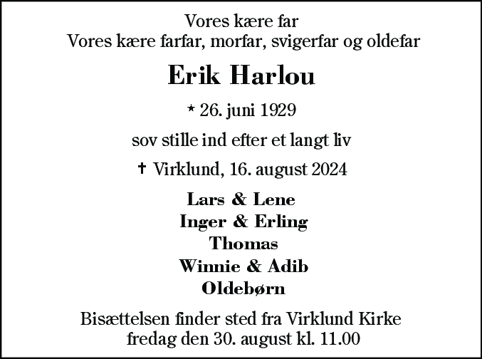 Dødsannonce for Erik Harlou