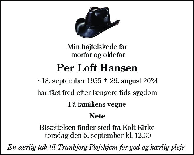 Dødsannonce for Per Loft Hansen