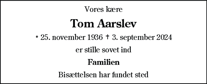 Dødsannonce for Tom Aarslev