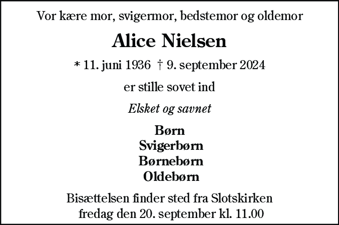 Dødsannonce for Alice Nielsen