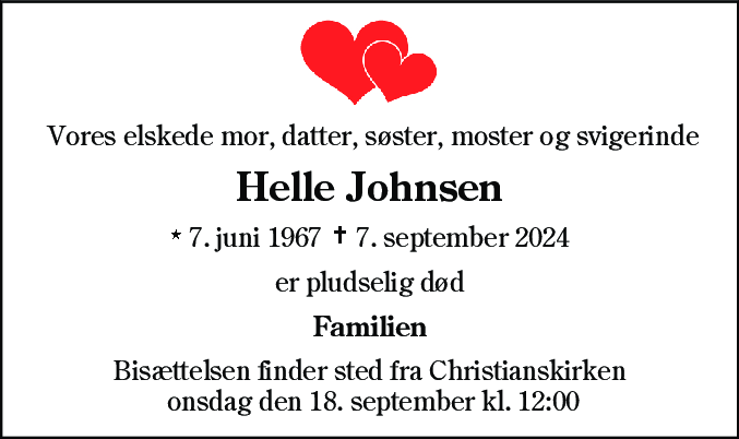 Dødsannonce for Helle Gadegaard Johnsen
