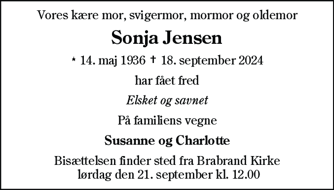 Dødsannonce for Sonja Jensen