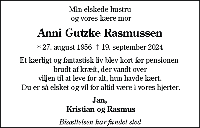 Dødsannonce for Anni Rasmussen