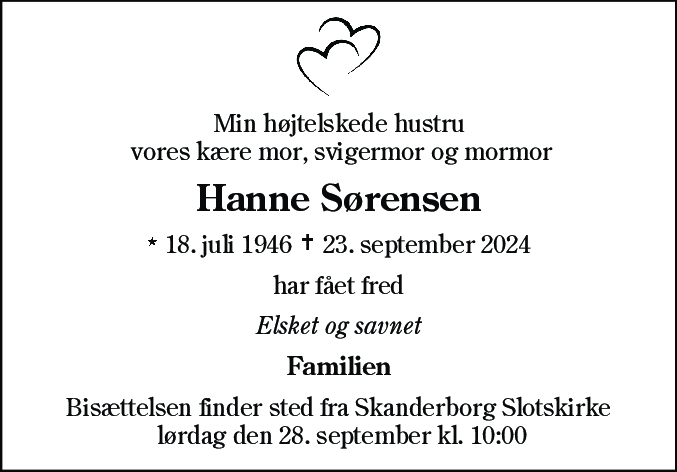 Dødsannonce for Hanne Sørensen