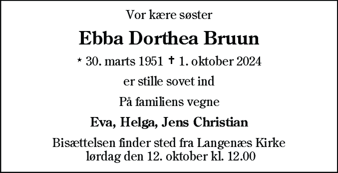 Dødsannonce for Ebba Dorthea Bruun