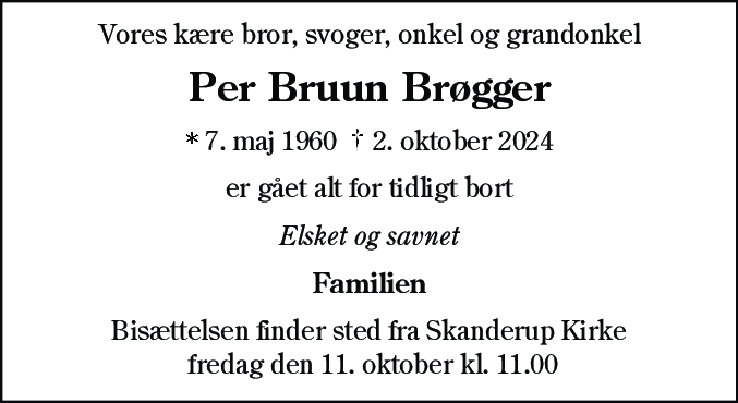 Dødsannonce for Per Bruun Brøgger