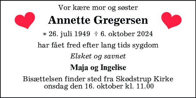Dødsannonce for Annette Gregersen