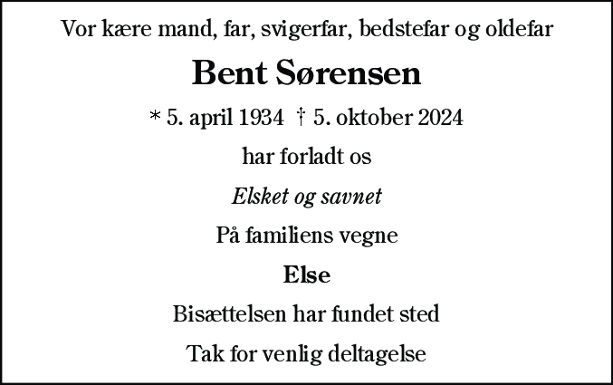 Dødsannonce for Bent Sørensen