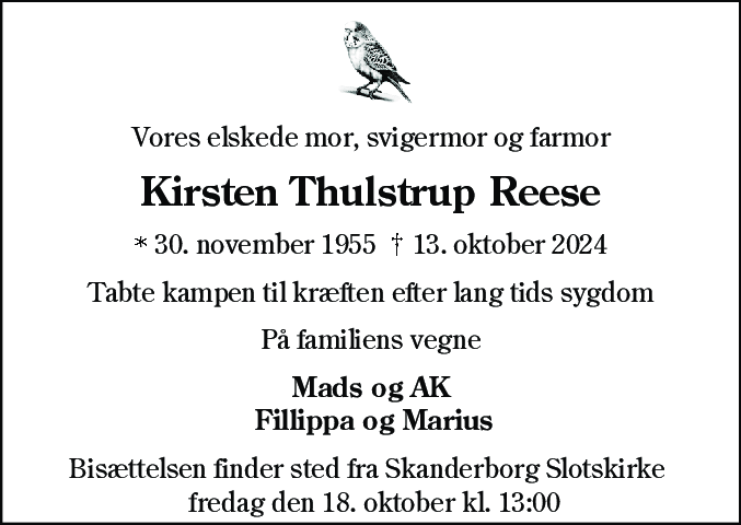 Dødsannonce for Kirsten Thulstrup Reese