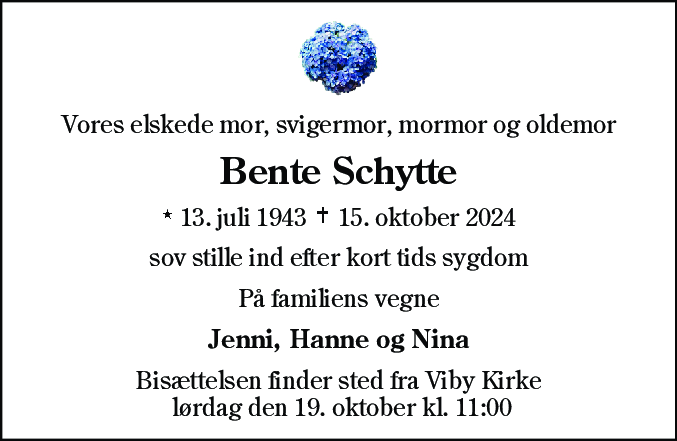 Dødsannonce for Bente Schytte