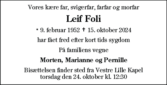 Dødsannonce for Leif Foli
