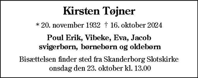 Dødsannonce for Kirsten Tøjner