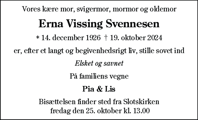 Dødsannonce for Erna Vissing Svennesen