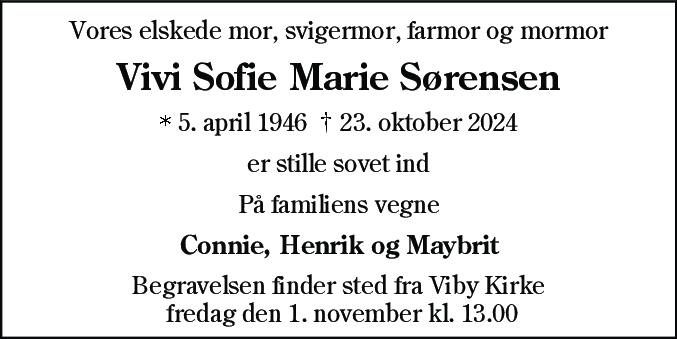 Dødsannonce for Vivi Sofie Marie Sørensen