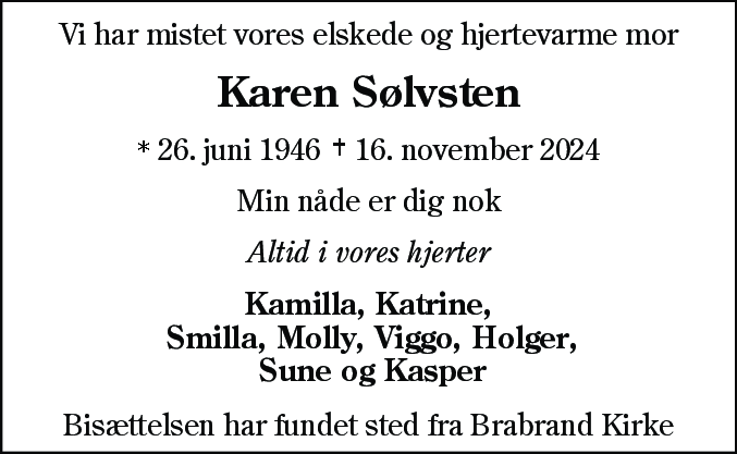Dødsannonce for Karen Sølvsten