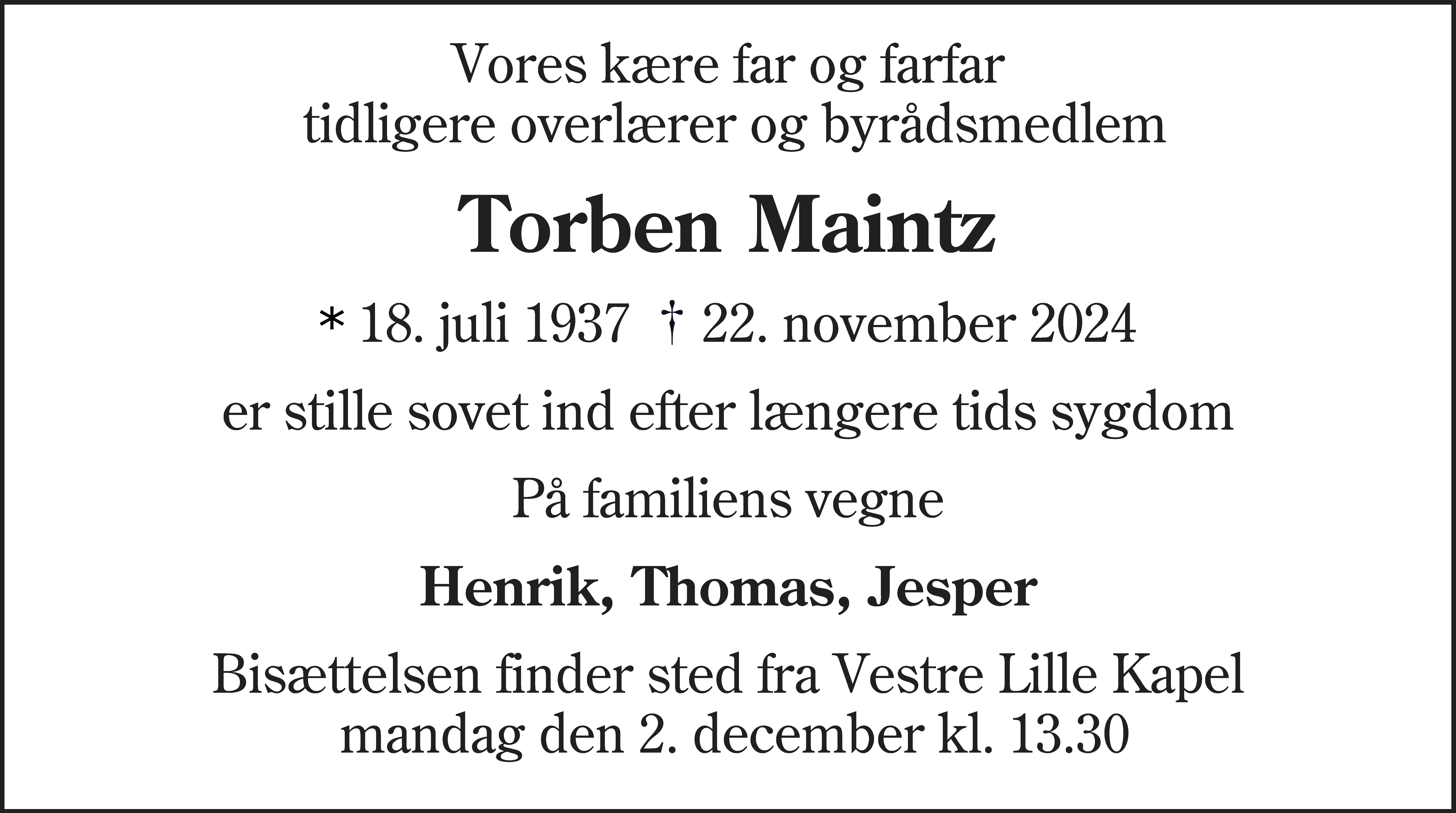 Dødsannonce for Torben Maintz