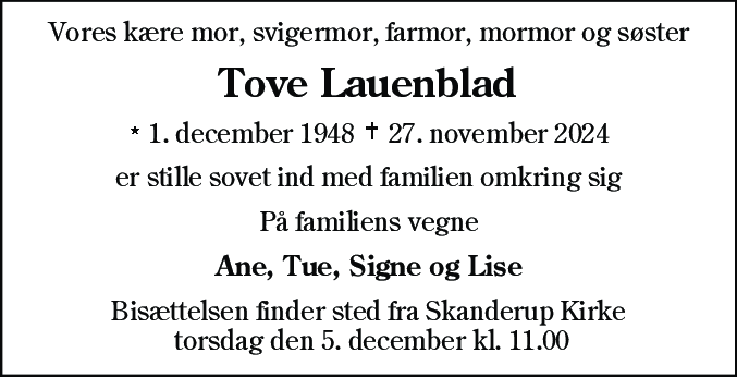 Dødsannonce for Tove Lauenblad