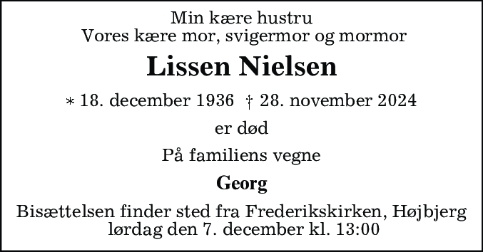 Dødsannonce for Annalise Nielsen