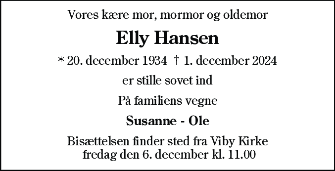 Dødsannonce for Elly Hansen