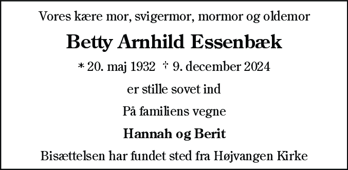 Dødsannonce for Betty Arnhild Essenbæk