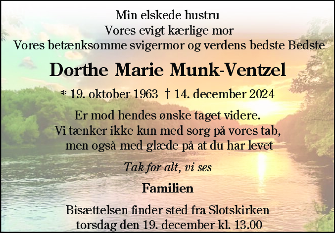 Dødsannonce for Dorthe Marie Munk-Ventzel
