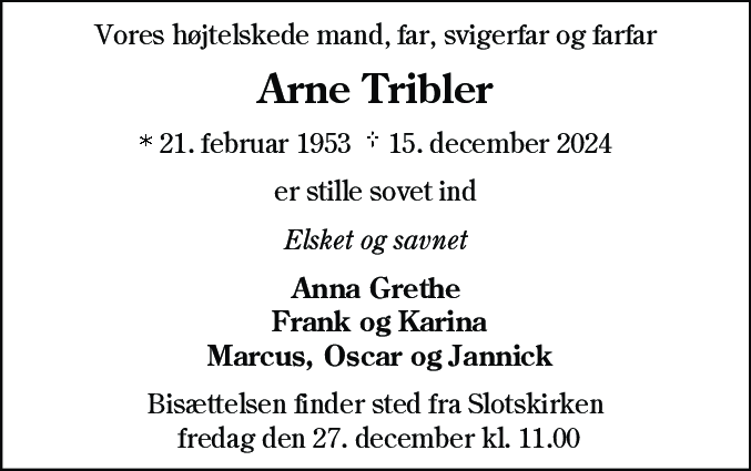 Dødsannonce for Arne Tribler