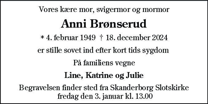 Dødsannonce for Anni Brønserud