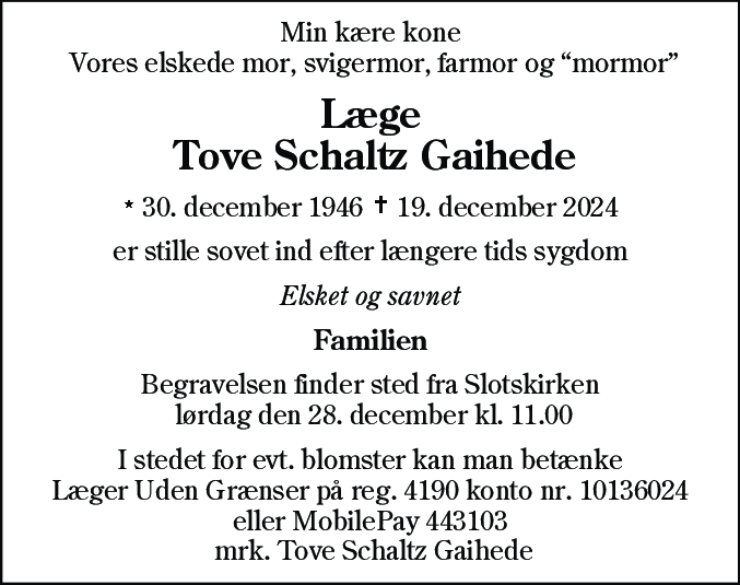 Dødsannonce for Tove Schaltz Gajhede