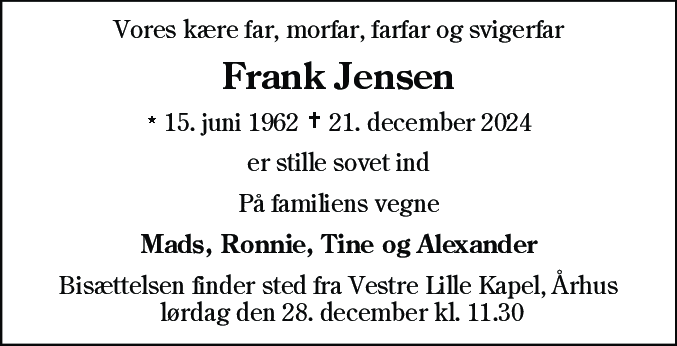 Dødsannonce for Frank Jensen