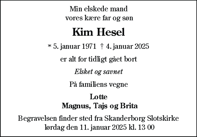 Dødsannonce for Kim Hesel